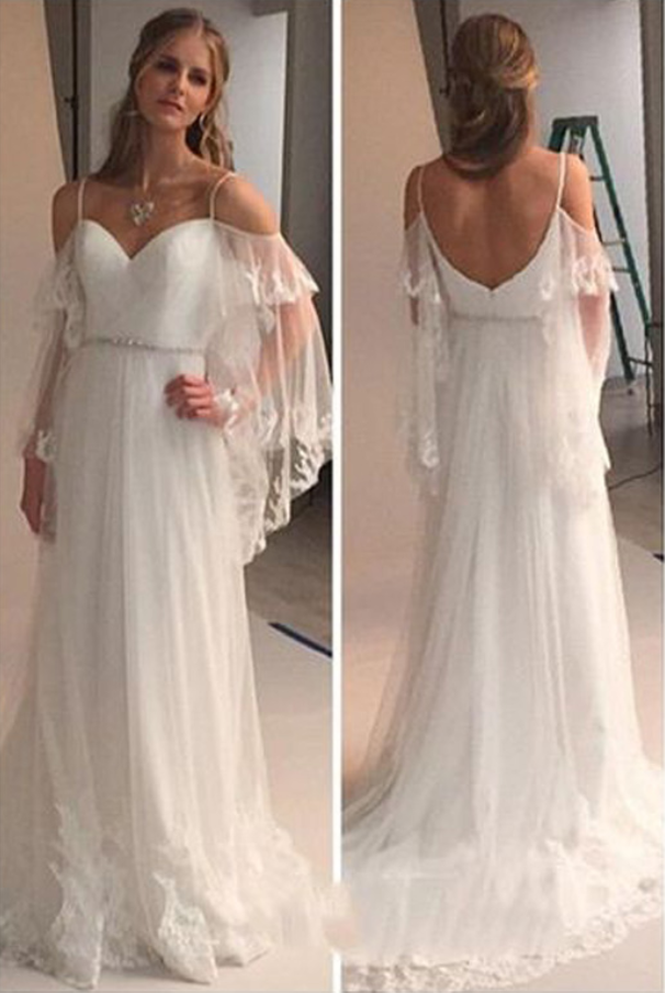 Elegant Cold Shoulders Hippie A Line Tulle Long Sweep Train Wedding Dress INA97