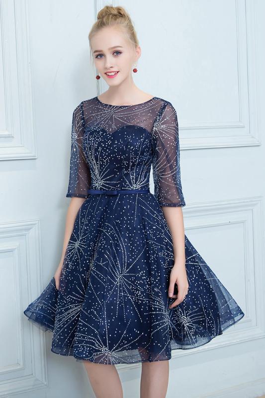 A Line Dark Blue Homecoming Dresses, Short Half Sleeves Prom Dress INN64