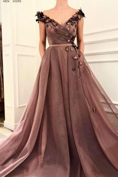 A Line V Neck Cap SleevesBrown Long Flowers Prom Dress With Pockets INR10