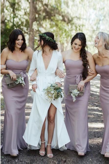 Mermaid Sweetheart Floor-Length Lilac Chiffon Bridesmaid Dresses with Belt INR95