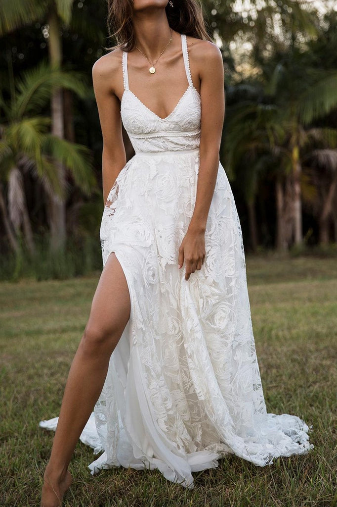 Charming Lace Long A-line Spaghetti Straps Split Ivory Beach Wedding Dress IN739