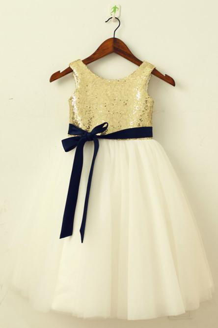 A-Line Round Neck Ivory Flower Girl Dress with Sequins Sash INP23