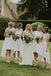 A-Line Short Sleeves Hi-Low Off White Satin Bridesmaid Dresses with Lace INR88