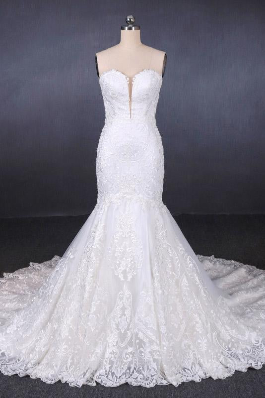 Sweetheart Mermaid Lace Appliques Button Back Long Wedding Dress INQ29