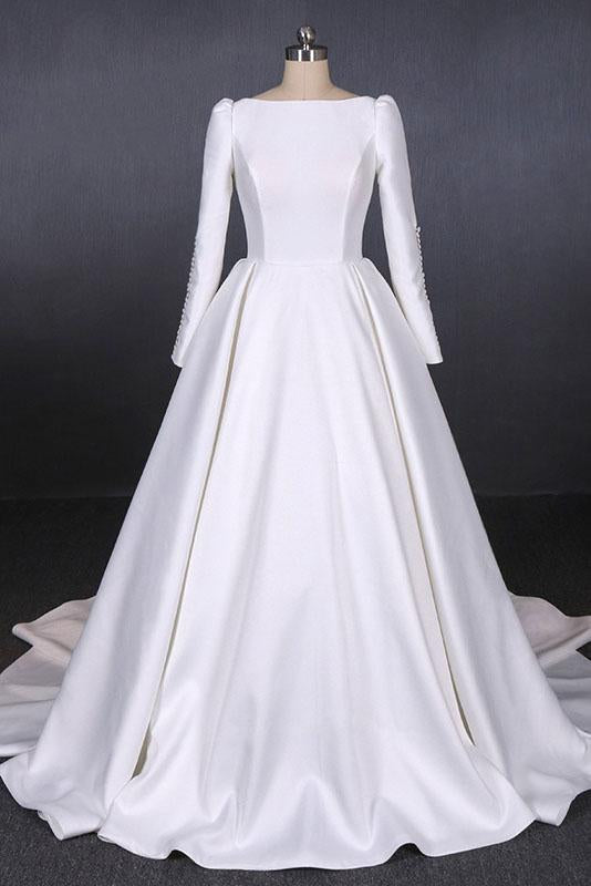 Simple A Line Long Sleeves Satin Wedding Dress, New Arrival White Long Bridal Gown INQ13