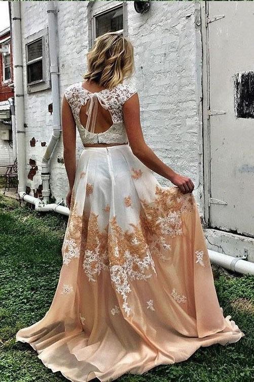 Pretty Two Piece Cap Sleeves A Line Lace Appliques Prom Dresses ING39