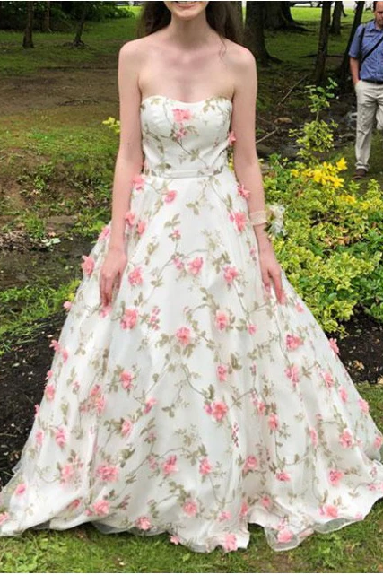 A Line Floral Long Prom Dresses Strapless Beautiful Flower Printed Prom Dresses INR43