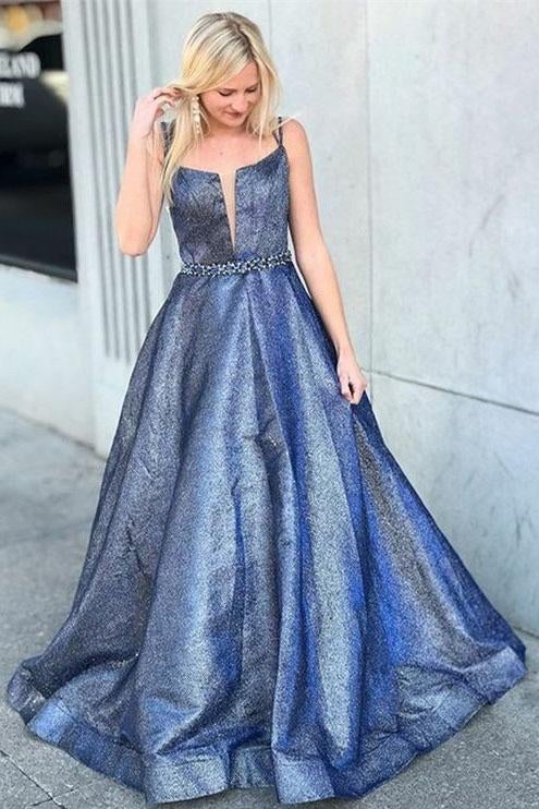 A-Line Square Criss-Cross Straps Blue Satin Prom Dress with Beading INF99