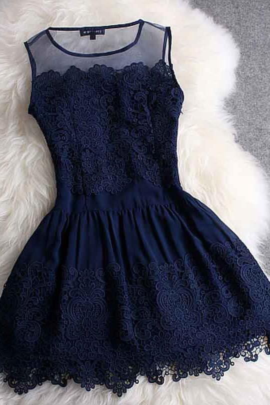 A-line Mini Navy Blue Sleeveless Crew Short Homecoming Dresses With Lace IND10