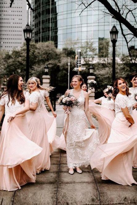 A Line Two Piece Short Sleeves Floor-Length Pink Bridesmaid Dresses with Lace INR89