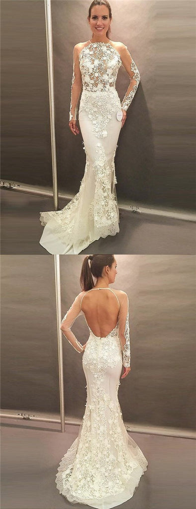 Mermaid Jewel Long Sleeves Sweep Train Wedding Dresses, Prom Dress with Lace Appliques INE36