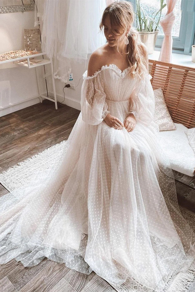 Long Sleeves Off Shoulder Wedding Dressesm Princess Boho A-line Wedding Dresses IN1946