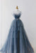 Dusty Blue Sparkly Tulle Beaded Prom Dress, Tiered Formal Gown With Rhinestone IN1932