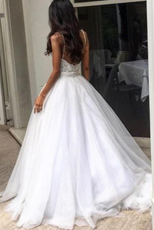 Charming Backless Spaghetti Straps Wedding Dress with Lace Top INC68