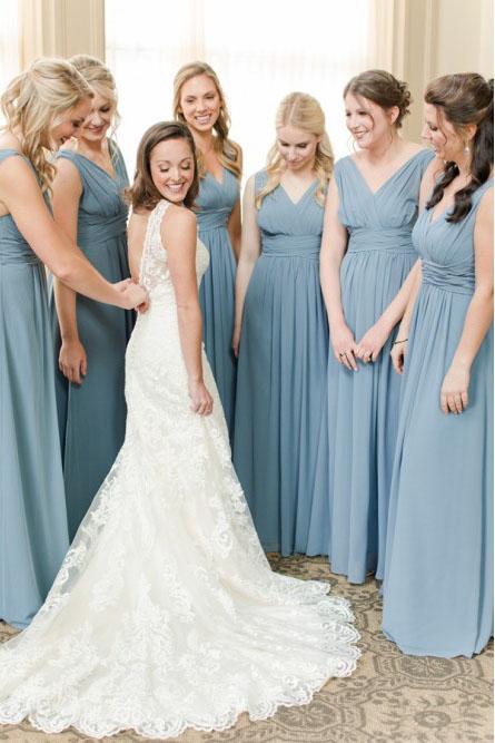 A-Line V-Neck Floor-Length Dusty Blue Chiffon Simple Bridesmaid Dresses with Ruched INS40