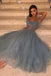 A Line Spaghetti Straps Tea Length Dusty Blue Tulle Prom Dresses INS69