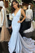Elegant Mermaid Deep V-Neck Court Train Light Blue Prom Dress IN756