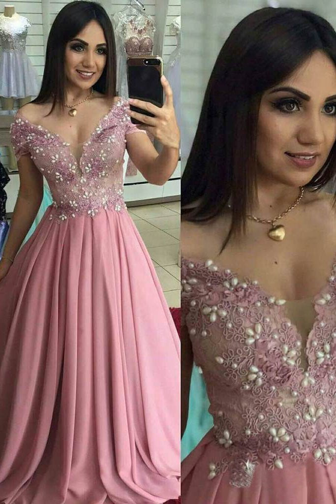 Off the Shoulder Dusty Rose Long Prom Dresses Pearl Lace Formal Dress INO98