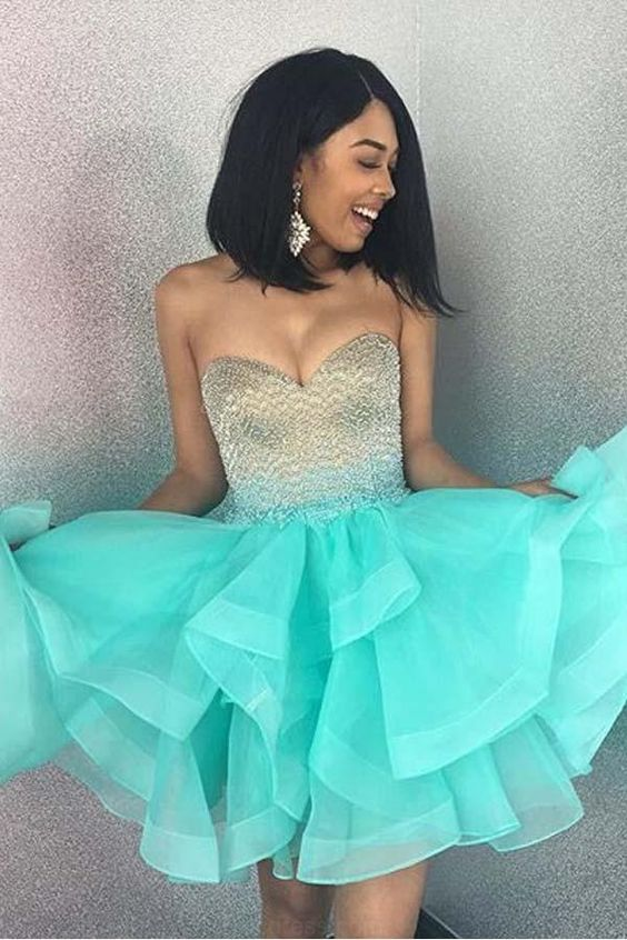 Cute Sparkly Sweetheart Mint Green A Line Short Homecoming Dress INB50