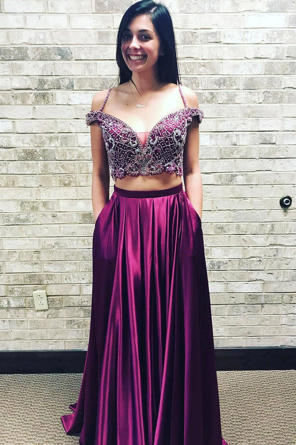 Two piece purple prom on sale dress