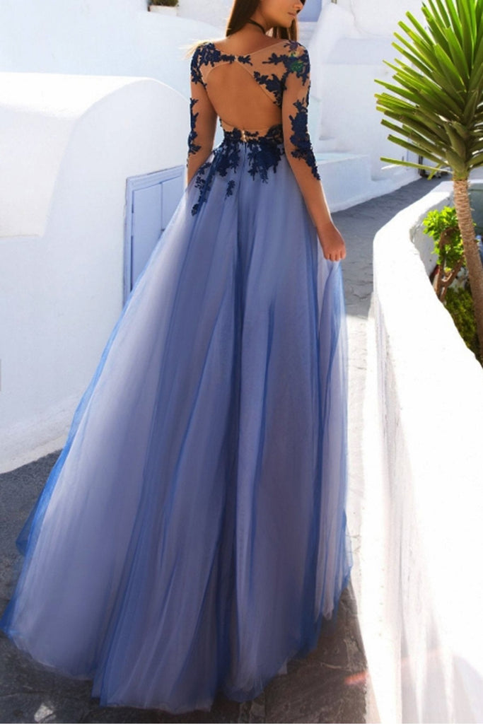 Charming Long Sleeve Appliques Sexy See Though Blue Prom Dresses IN852