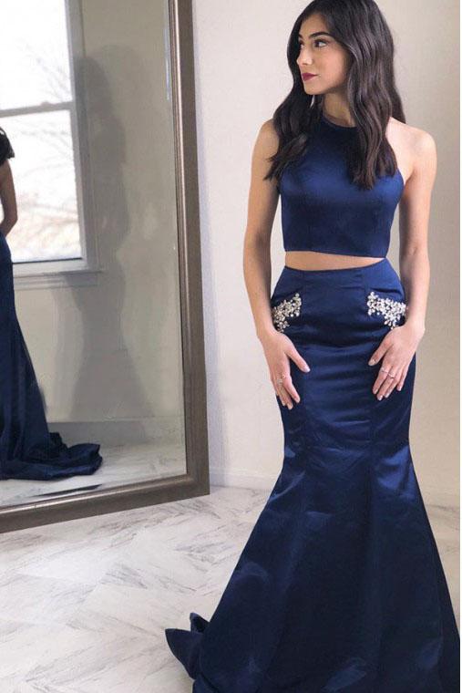 Two Piece Halter Backless Mermaid Navy Blue Prom Dresses with Beading Pockets INR9