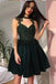 Dark Green A Line Satin Short Homecoming Dress with Lace INB41