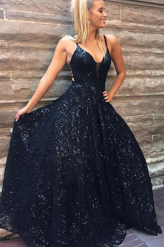 A Line Spaghetti Straps Floor Length Navy Sequined Prom Dress INQ61