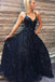 A Line Spaghetti Straps Floor Length Navy Sequined Prom Dress INQ61