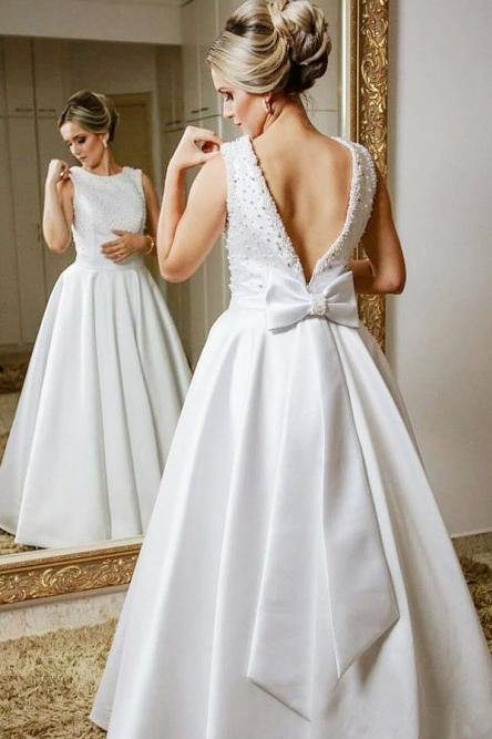 A-Line Jewel V Back Floor-Length Satin Wedding Dresses with Beading Bowknot INR80