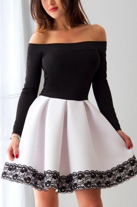 Long Sleeve White and Black A Line Short Prom Dress,Cheap Homecoming Dresses INC90