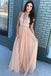 Pink Beaded Bodice High Neck Long Tulle Prom Dresses,A-Line Long Evening Dresses IN786
