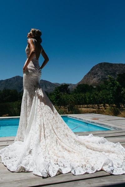 Charming V-Neck Sleeveless Mermaid Backless Lace Pocket Wedding Dress With Court Train IN598