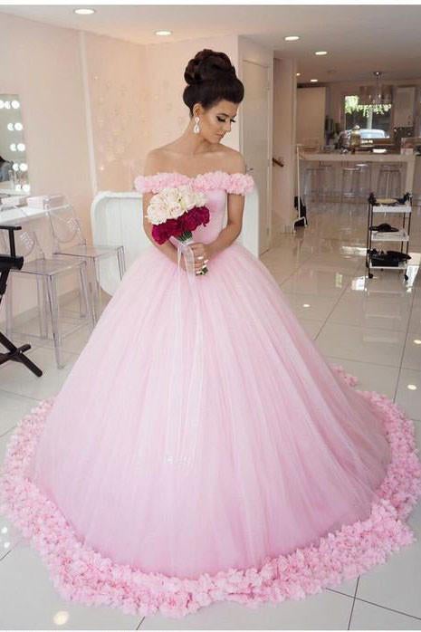 Ball Gown Off shoulder Pink Tulle Flowers Wedding Dresses,Pink Quinceanera Dresses IN224