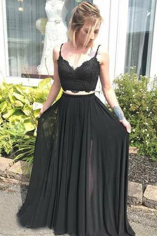 Spaghetti Strap V Neck Two Piece Long Prom Dresses Black Lace Evening Dress INO99