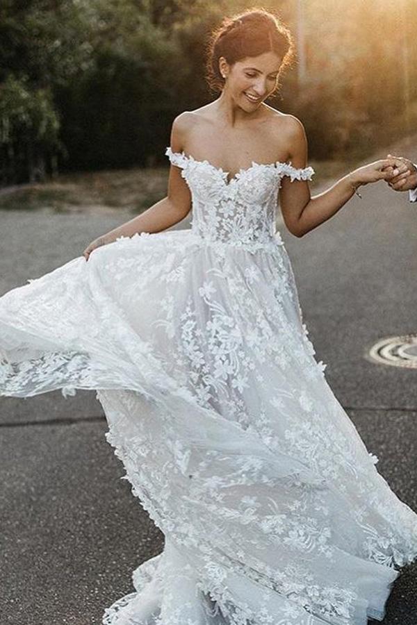 A-Line Off-the-Shoulder Boho Wedding Dress with Appliques INL58