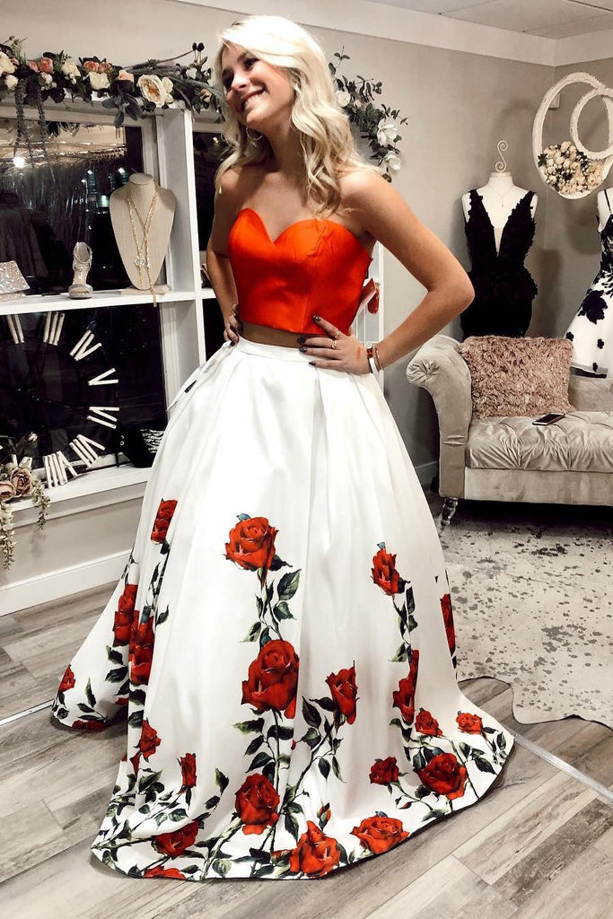 Charming Two Piece A Line Sweetheart Floral Long Prom Dresses INS3