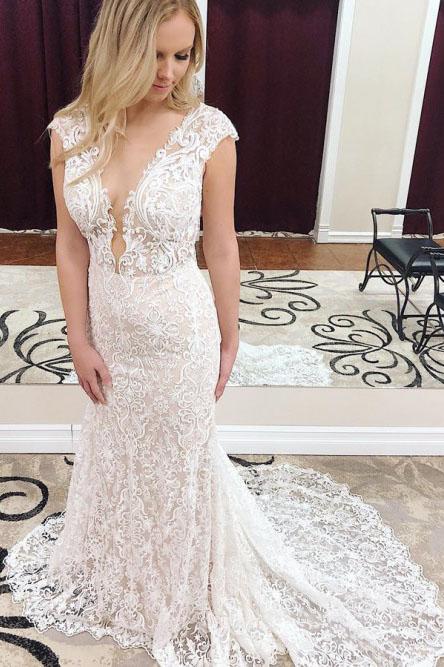 Mermaid Deep V-Neck Cap Sleeves Lace Elegant Wedding Dress INK41